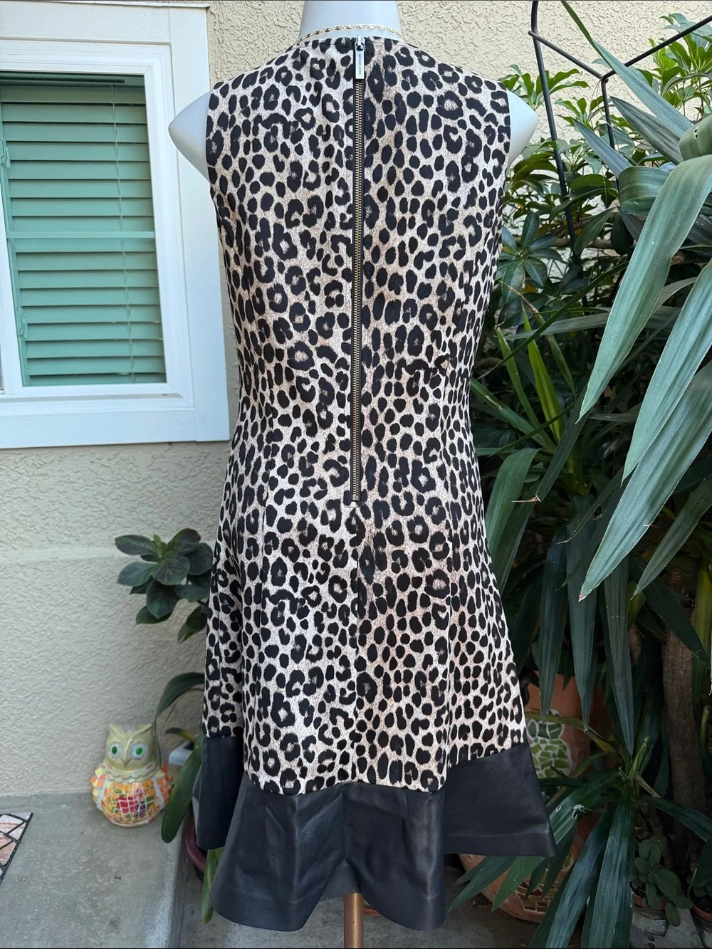 New Michael Kors Leopard Print Sleeveless Dress with Black Faux Leather Hem